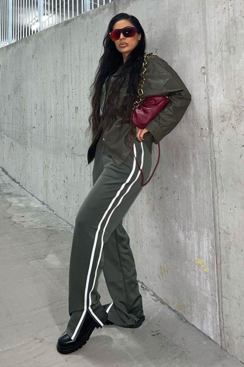 Khaki Side Stripe Split Hem Wide Leg Joggers - Karris-Joggers
