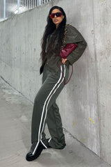 Khaki Side Stripe Split Hem Wide Leg Joggers - Karris-Joggers