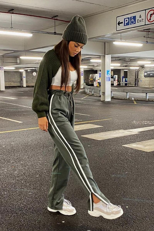 Khaki Side Stripe Split Hem Wide Leg Joggers - Karris