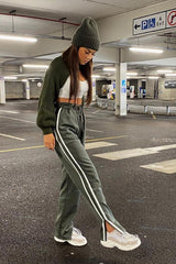 Khaki Side Stripe Split Hem Wide Leg Joggers - Karris-Joggers