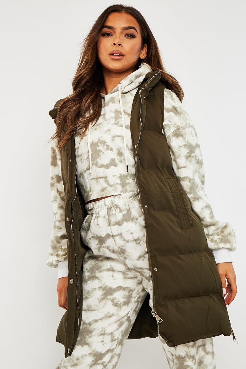 Khaki Side Zip Long Sleeveless Puffer Coat - Priyah-Coats