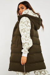 Khaki Side Zip Long Sleeveless Puffer Coat - Priyah-Coats