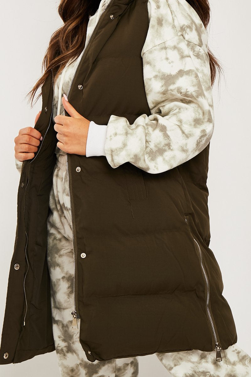Khaki Side Zip Long Sleeveless Puffer Coat - Priyah-Coats