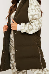 Khaki Side Zip Long Sleeveless Puffer Coat - Priyah-Coats