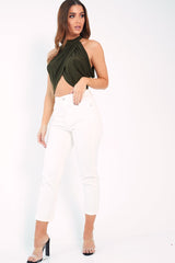 Khaki Slinky Halterneck Wrap Top - Giovanna-Crop Tops