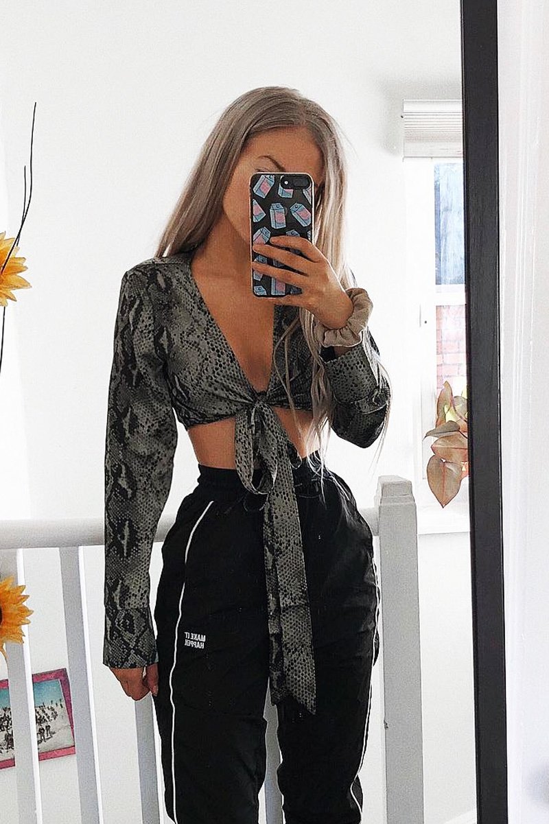 Khaki Snake Leopard Plunge Tie Front Blouse - Sedonia-Tops