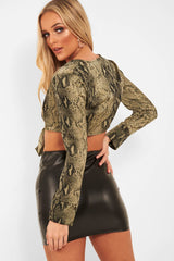 Khaki Snake Leopard Plunge Tie Front Blouse - Sedonia-Tops