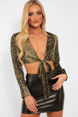 Khaki Snake Leopard Plunge Tie Front Blouse - Sedonia-Tops