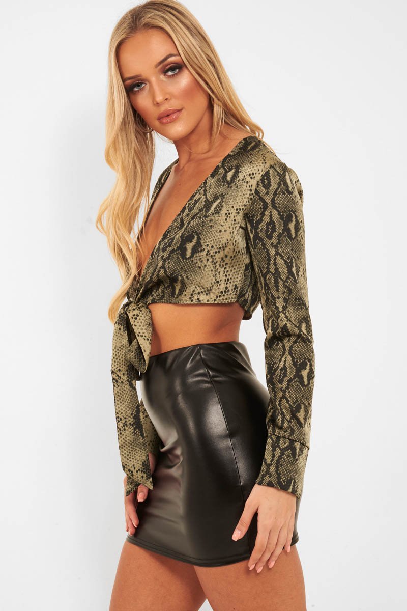 Khaki Snake Leopard Plunge Tie Front Blouse - Sedonia-Tops