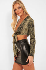 Khaki Snake Leopard Plunge Tie Front Blouse - Sedonia-Tops