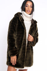 Khaki Soft Faux Fur Hooded Coat - Kila-Jackets
