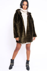 Khaki Soft Faux Fur Hooded Coat - Kila-Jackets