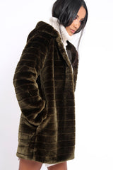 Khaki Soft Faux Fur Hooded Coat - Kila-Jackets