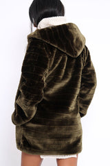 Khaki Soft Faux Fur Hooded Coat - Kila-Jackets