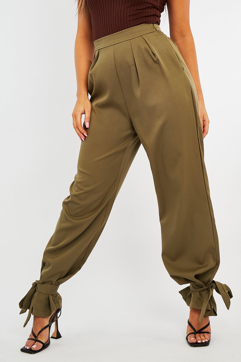 Khaki Straight Leg Ankle Tie Trouser - Darby-Trousers