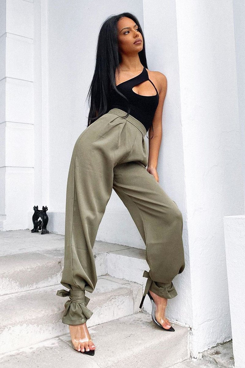 Khaki Straight Leg Ankle Tie Trouser - Darby-Trousers