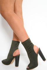 Khaki Stretch Peep Toe Heeled Boots - Queen-Boots
