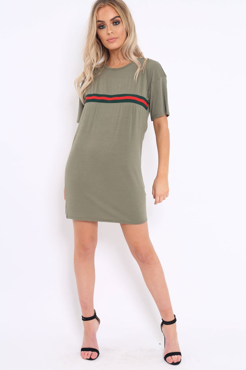 Khaki Stripe Front T Shirt Dress - Kamden-Dresses