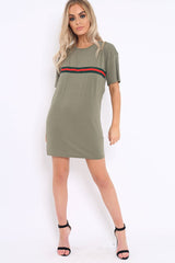 Khaki Stripe Front T Shirt Dress - Kamden-Dresses