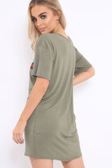 Khaki Stripe Front T Shirt Dress - Kamden-Dresses