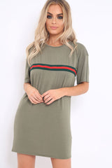 Khaki Stripe Front T Shirt Dress - Kamden-Dresses