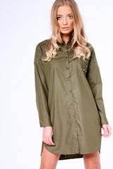 Khaki Stud Detail Oversized Shirt Dress - Ivona-Dresses