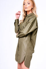 Khaki Stud Detail Oversized Shirt Dress - Ivona-Dresses