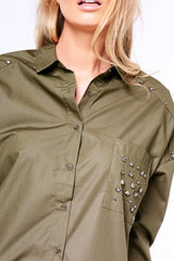 Khaki Stud Detail Oversized Shirt Dress - Ivona-Dresses