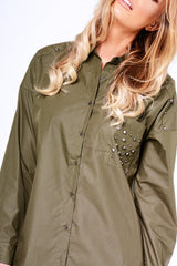 Khaki Stud Detail Oversized Shirt Dress - Ivona-Dresses