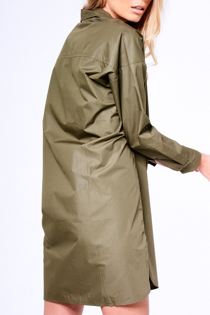 Khaki Stud Detail Oversized Shirt Dress - Ivona-Dresses