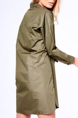 Khaki Stud Detail Oversized Shirt Dress - Ivona-Dresses