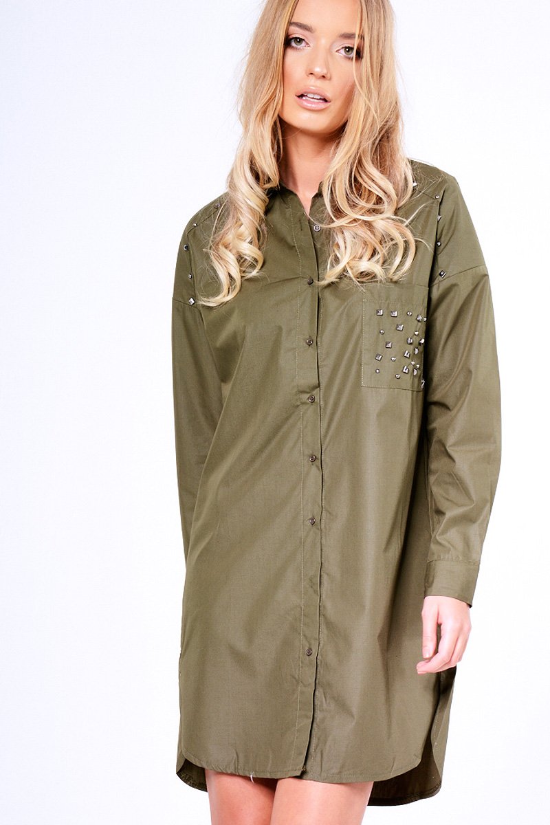 Khaki Stud Detail Oversized Shirt Dress - Ivona-Dresses