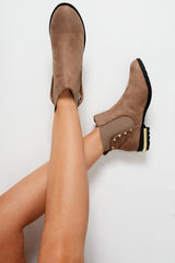 Khaki Studded Faux Suede Ankle Boots - Pearson-Boots
