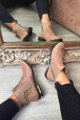 Khaki Studded Faux Suede Ankle Boots - Pearson-Boots