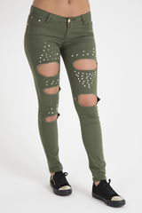 Khaki Studded Ripped Jeans - Christina-Jeans