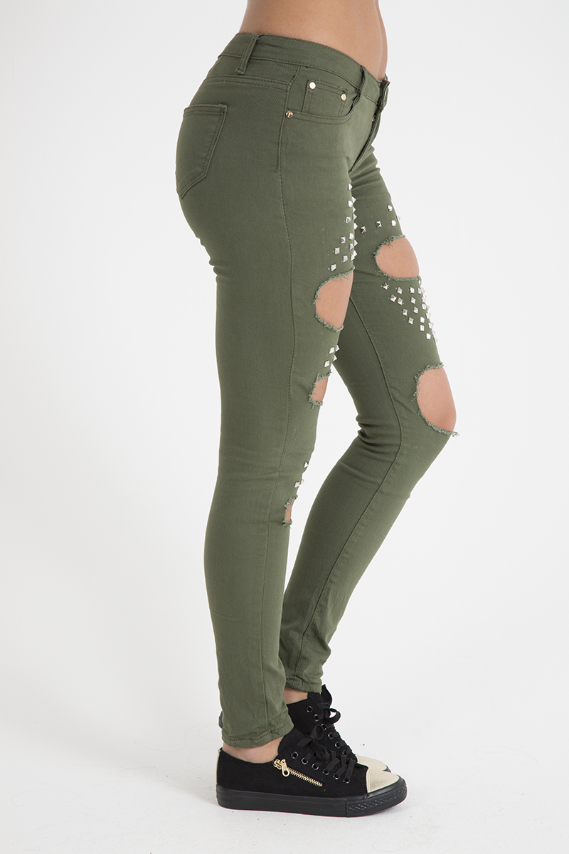 Khaki Studded Ripped Jeans - Christina-Jeans