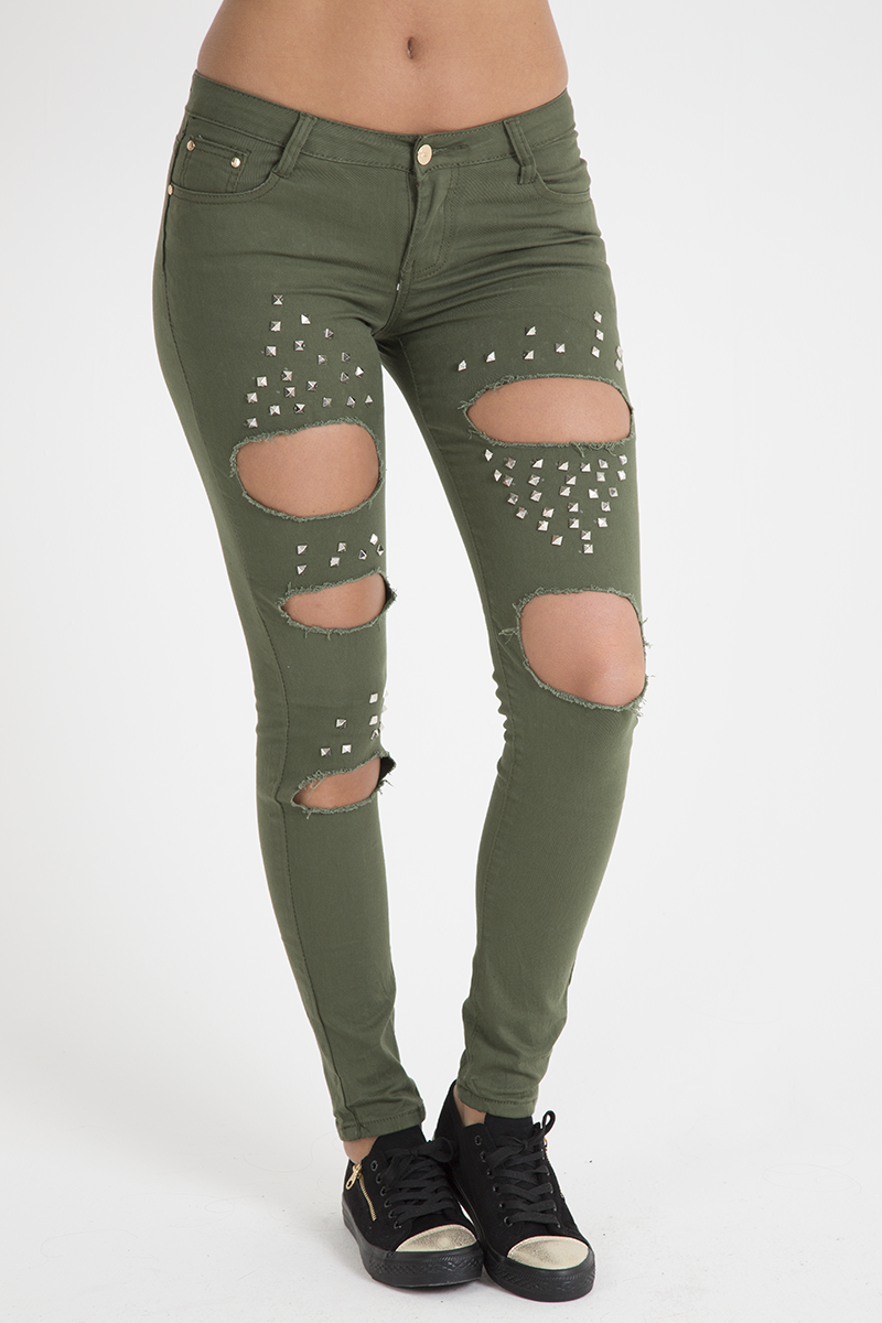 Khaki Studded Ripped Jeans - Christina-Jeans
