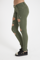 Khaki Studded Ripped Jeans - Christina-Jeans