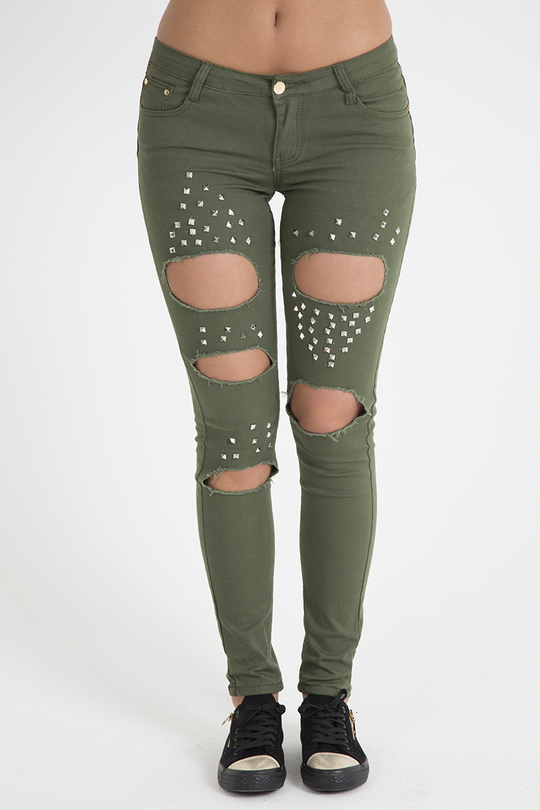 Khaki Studded Ripped Jeans - Christina
