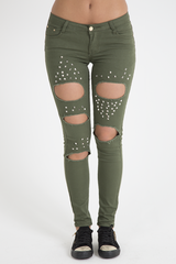 Khaki Studded Ripped Jeans - Christina-Jeans