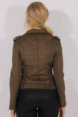 Khaki Suede Belted Biker Jacket - Marcy-Jackets
