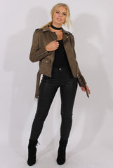 Khaki Suede Belted Biker Jacket - Marcy-Jackets