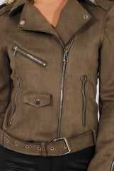 Khaki Suede Belted Biker Jacket - Marcy-Jackets