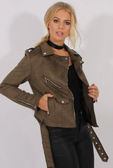 Khaki Suede Belted Biker Jacket - Marcy-Jackets