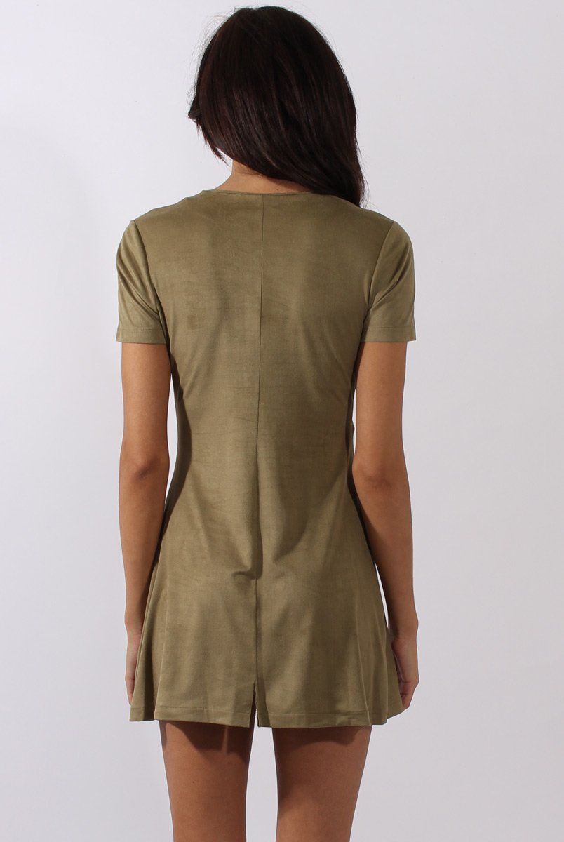 Khaki Suede Lace Up Eyelet Skater Dress - Desire-Dresses