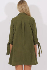 Khaki Suede Tie Cuff Oversized Shirt Dress - Deborah-Dresses