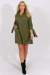 Khaki Suede Tie Cuff Oversized Shirt Dress - Deborah-Dresses