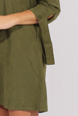 Khaki Suede Tie Cuff Oversized Shirt Dress - Deborah-Dresses