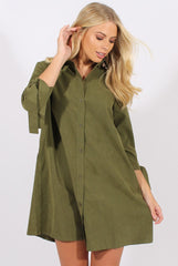 Khaki Suede Tie Cuff Oversized Shirt Dress - Deborah-Dresses