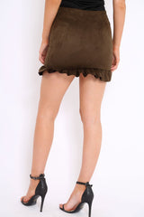 Khaki Suedette Frill Hem Mini Skirt - Misse-Skirts
